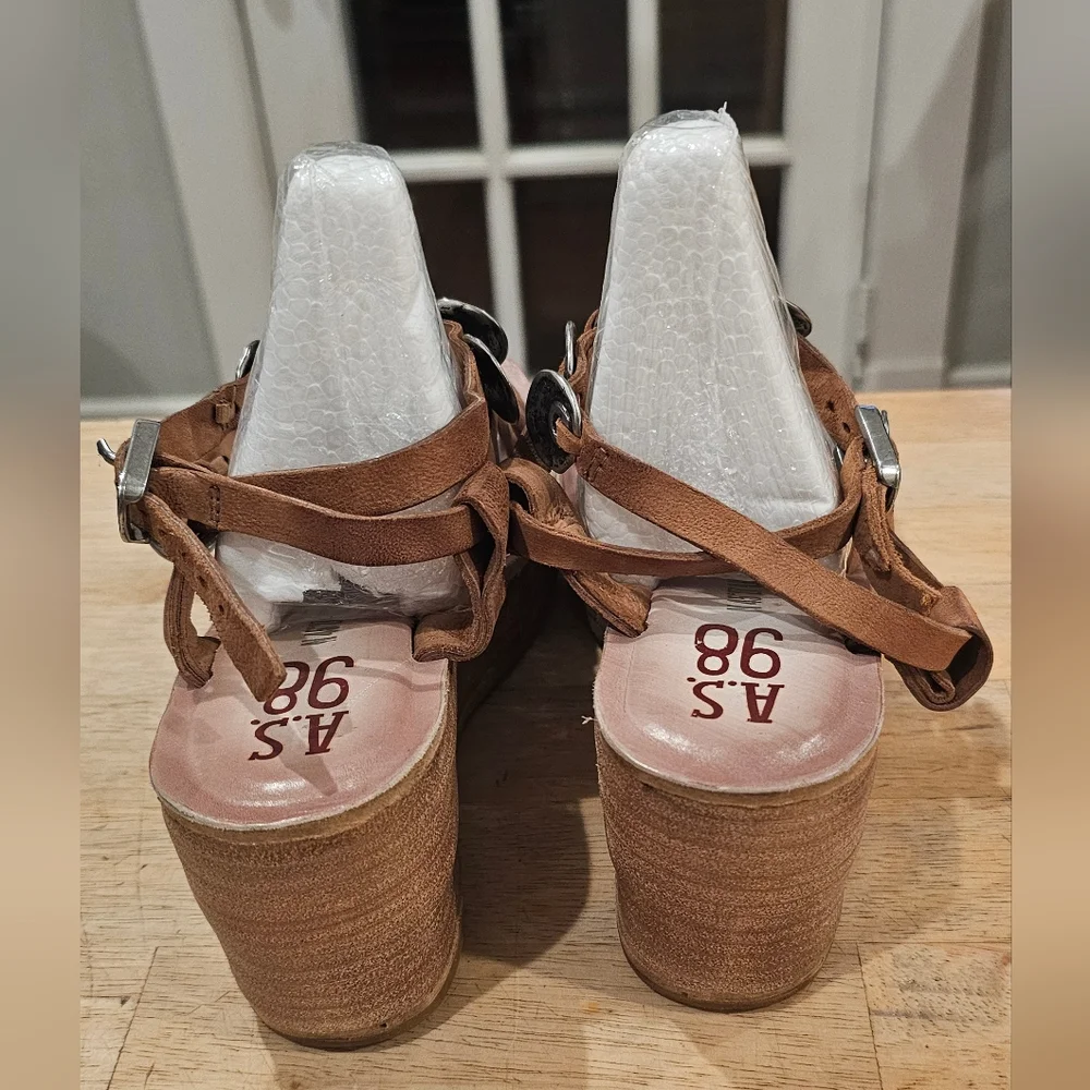 AS 98 Sandals 40 Wedge Leather Tan Sandals Boho Strap Ankle Noah - Picture 3 of 10